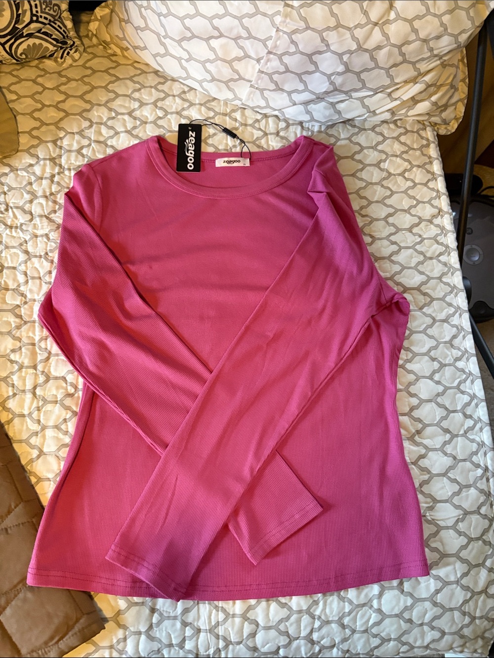 Fitted Long-Sleeve Crewneck Top - Pink
